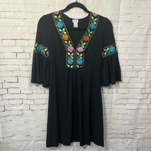 Cache Dress Small Size Black Boho Embroidered Bell 3/4 Sleeve Multicolor